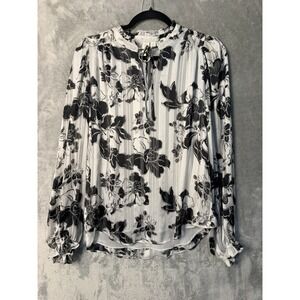 Joie Womens Floral Metallic Stripe Tie Neck Ruffle Blouse Black White Medium
